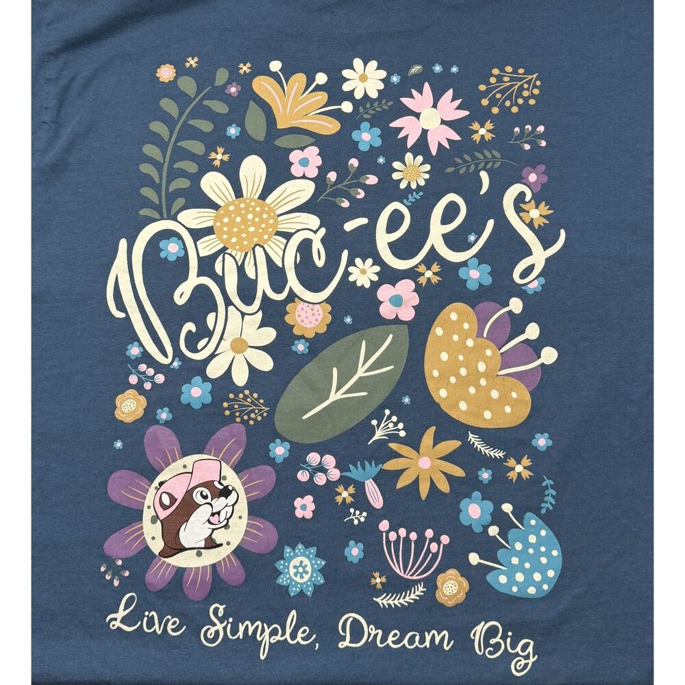 Buc-ee's "Live Simple, Dream Big" Navy Blue Floral Graphic T-Shirt - Medium EUC